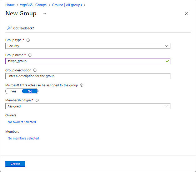 Screenshot of Entra ID, Azure new group setup 1